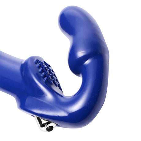 Close-up view of the Strap U Revolver II Strapless Strap-On Dildo Blue, showcasing its smooth design and ergonomic shape.