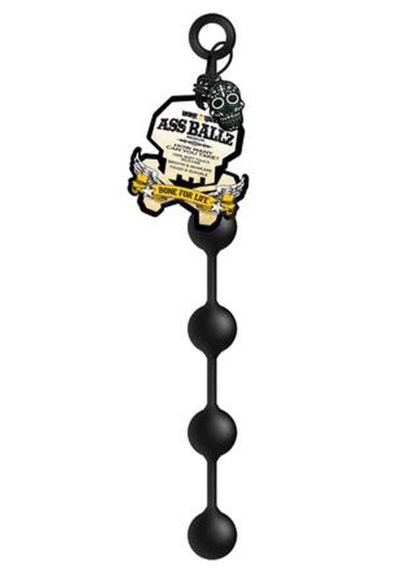Boneyard Silicone Ass Ballz Anal Beads Medium Black displayed on packaging with a skull motif.