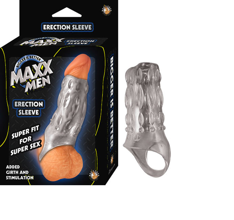 Maxx Men Erection Sleeve Clear packaging and product showcasing enhanced stimulation and comfort.