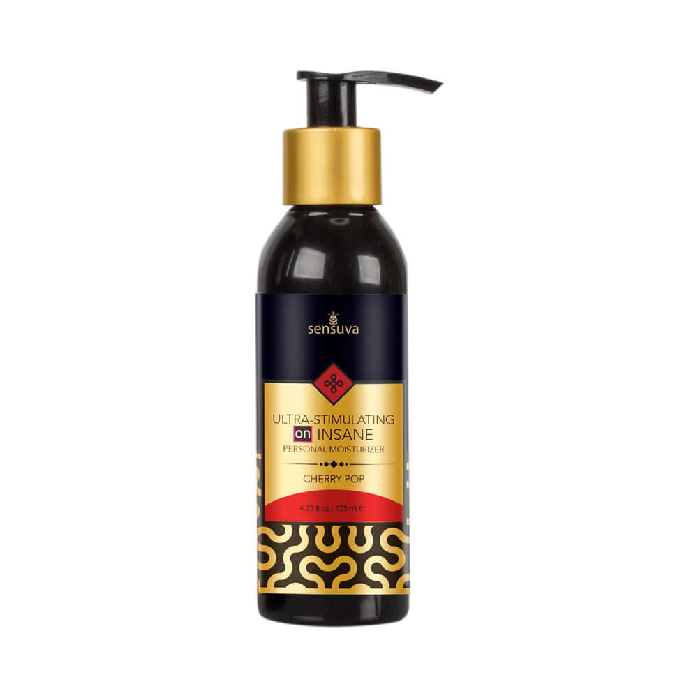Sensuva Ultra-Stimulating ON Insane Personal Moisturizer Cherry Pop 4.2 Oz bottle with black and gold design.