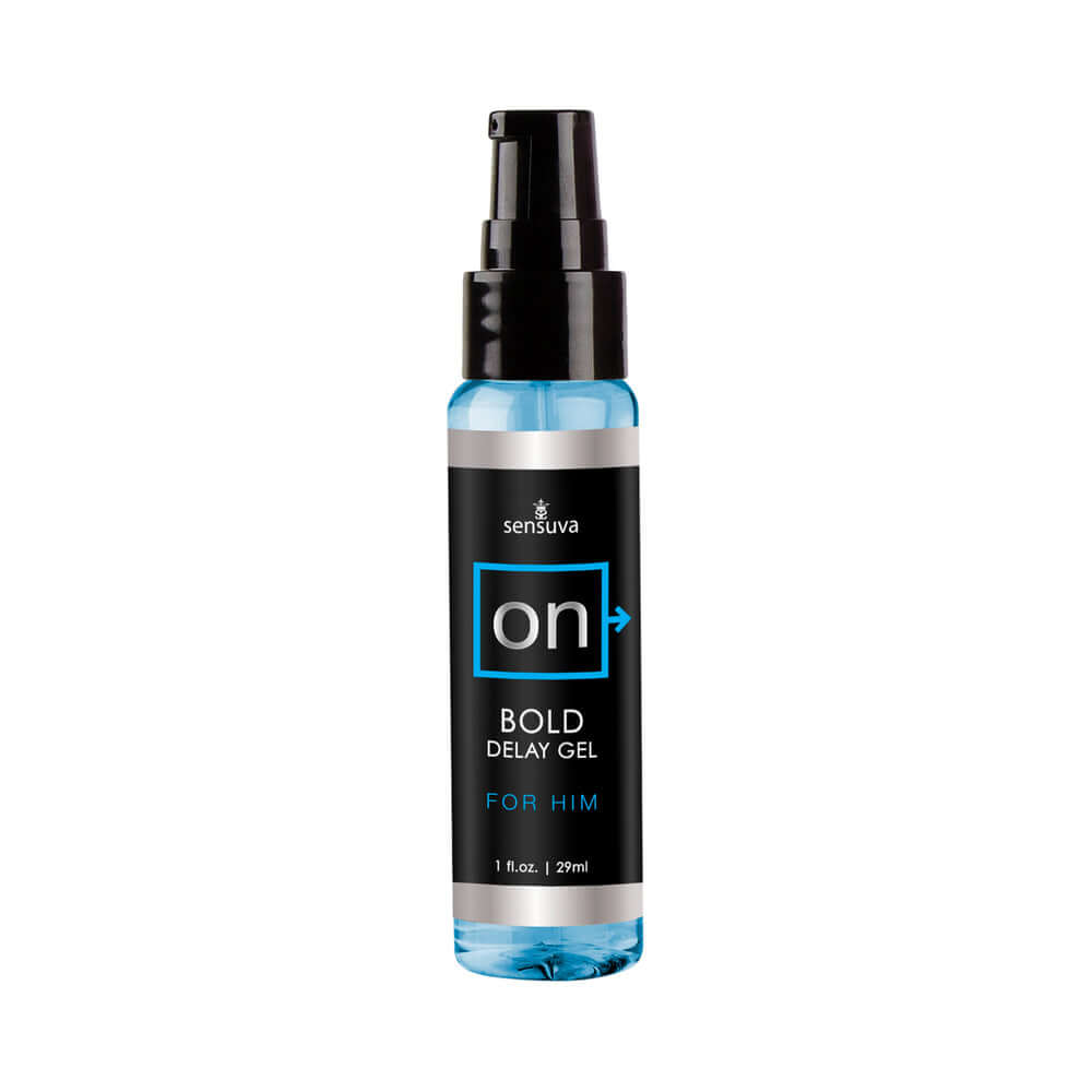 Sensuva ON Bold Delay Gel for Him 1 Oz in a sleek pump bottle with blue accents.