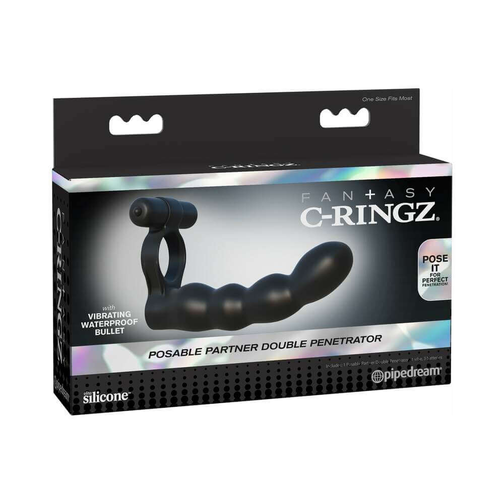Fantasy C-Ringz Double Penetrator Vibrating Cockring Black packaging displaying the posable partner double penetrator.