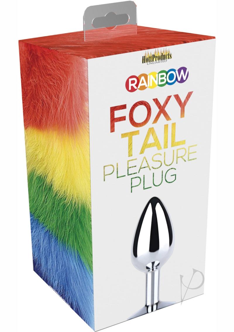 Rainbow Foxy Tail Pleasure Stainless Steel Plug packaging displaying colorful design and sleek metallic tip.