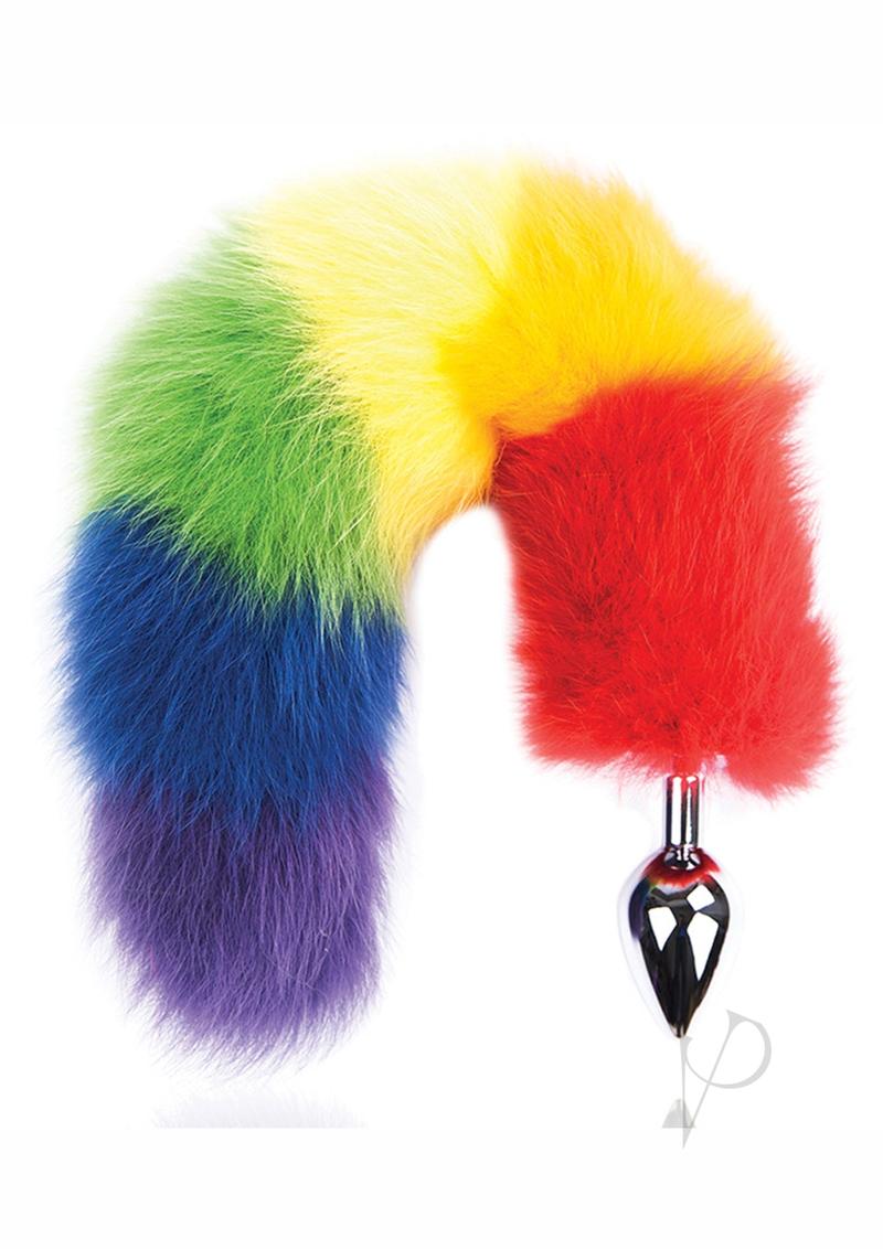 Rainbow Foxy Tail Pleasure Stainless Steel Plug with colorful fur tail and sleek metal tip for playful exploration.