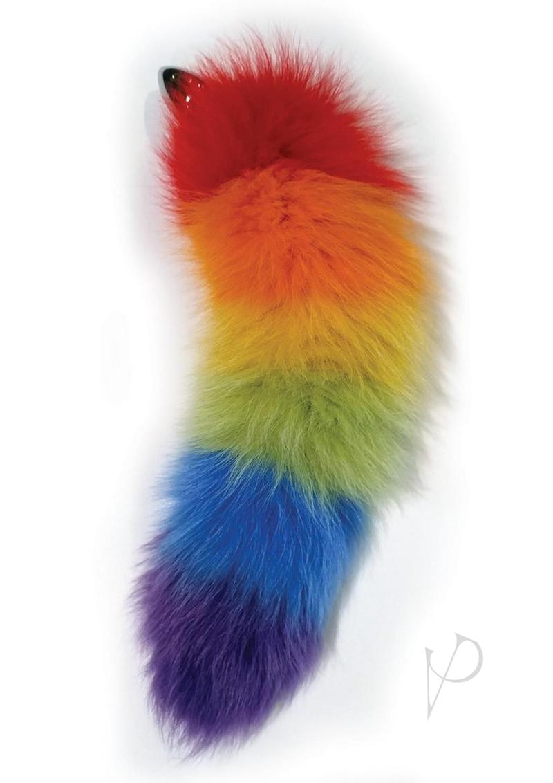 Rainbow Foxy Tail Pleasure Stainless Steel Plug with vibrant rainbow fur for playful exploration.