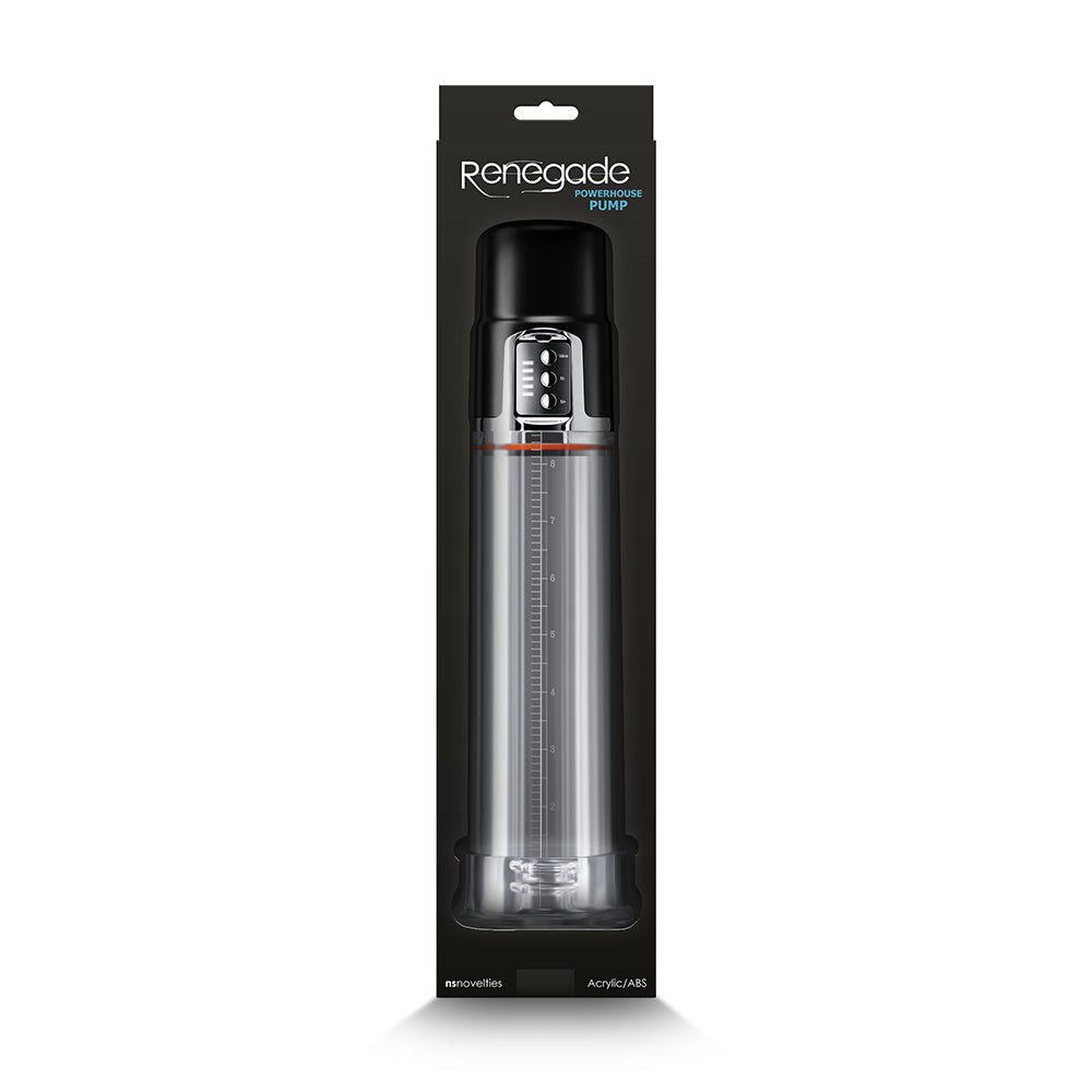 Renegade Powerhouse Pump Rechargeable displayed in sleek packaging with clear design and measurement markings