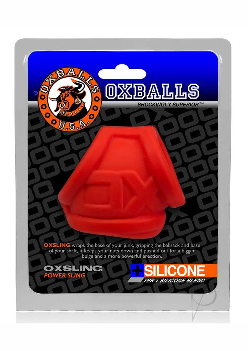 Oxballs Oxsling Silicone Blend Power Sling Red packaging displaying its innovative design and quality materials.