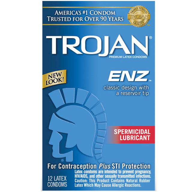 Trojan-Enz Condoms with Spermicidal Lubricant 12-Pack package featuring Trojan logo and product details.