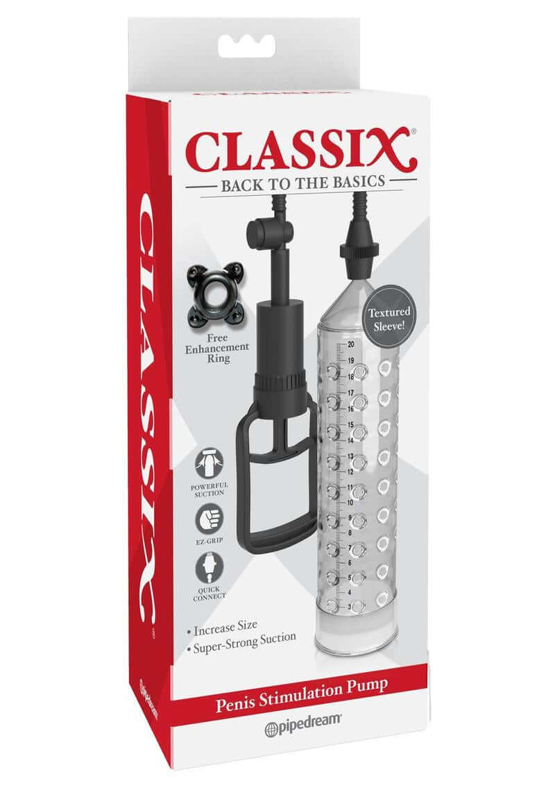 Classix Penis Stimulation Pump Clear with textured sleeve and vacuum chamber for size and firmness enhancement
