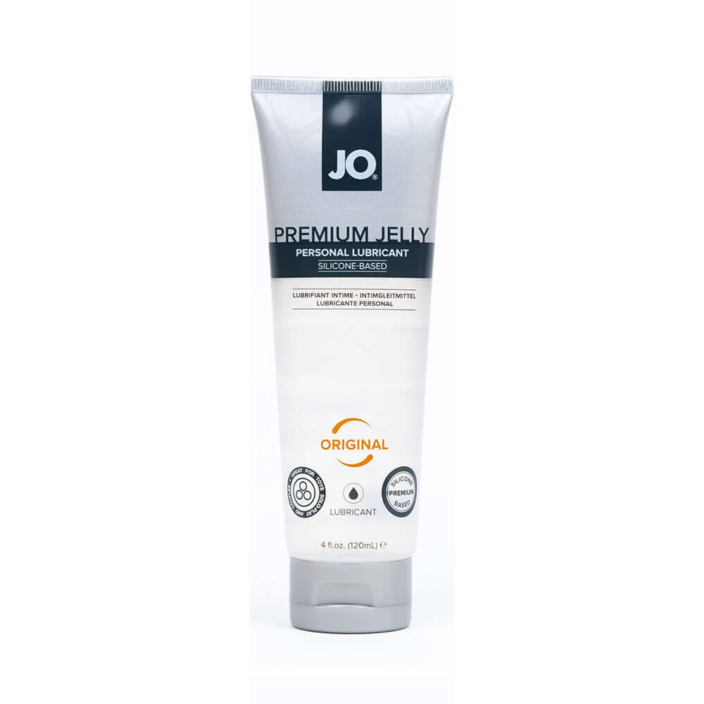 JO Premium Jelly Silicone-Based Lubricant 4 Oz in a sleek tube, designed for a smooth and long-lasting glide.