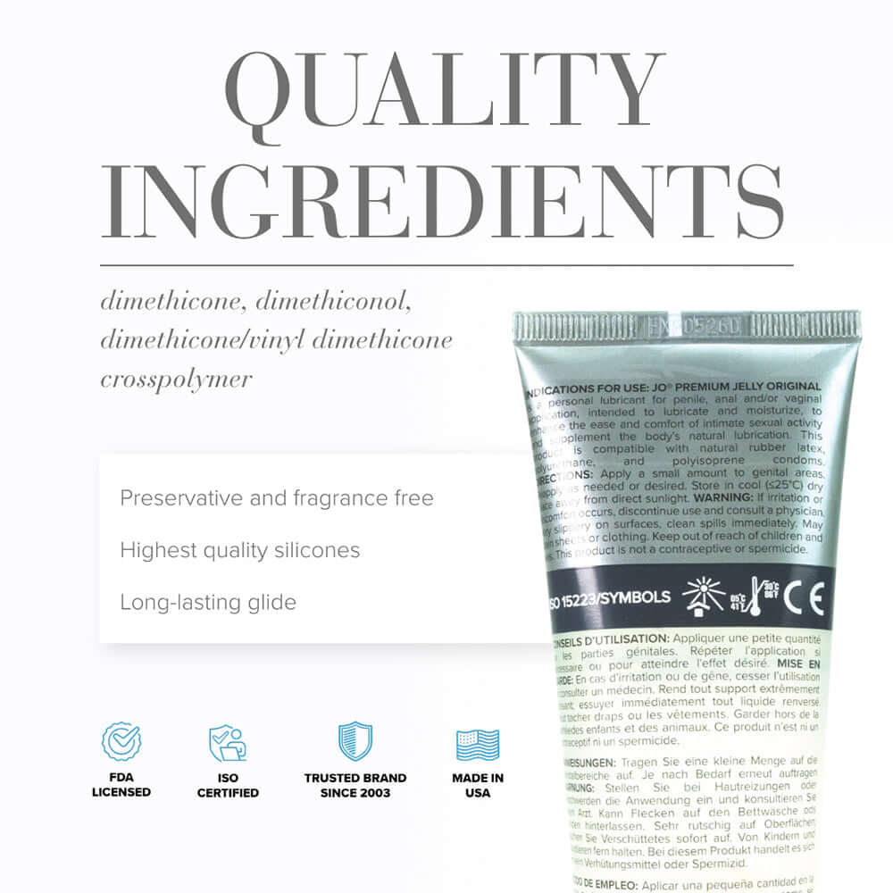 JO Premium Jelly Silicone-Based Lubricant 4 Oz quality ingredients overview including dimethicone and long-lasting glide.