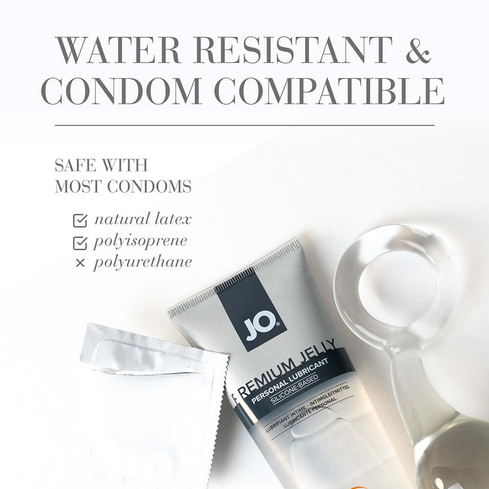 JO Premium Jelly Silicone-Based Lubricant 4 Oz with condom compatibility and water resistance features.