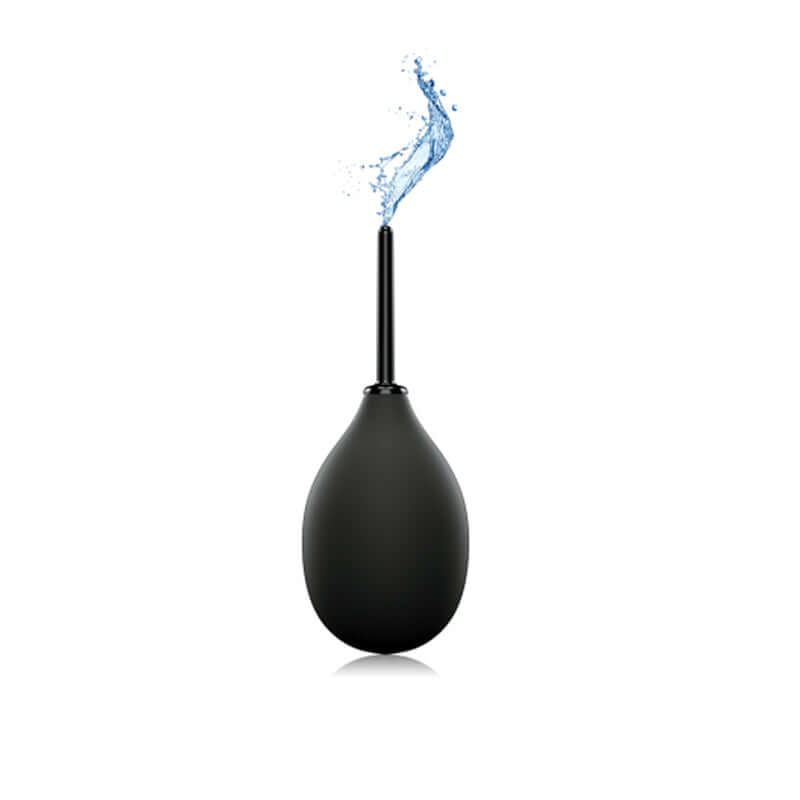 Perfect Fit Ergoflo Impulse Compact Anal Douche Black with water splash effect.