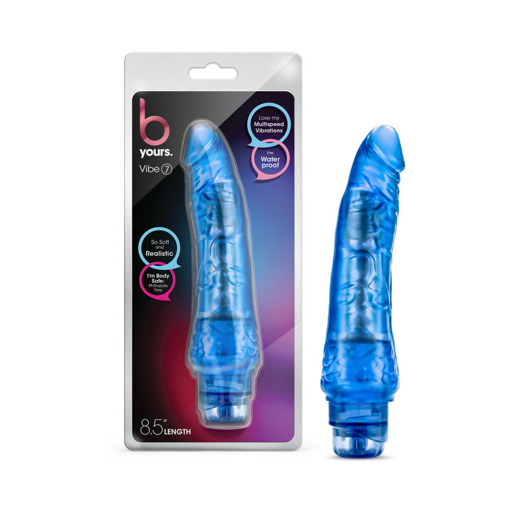 B Yours Vibe 7 Realistic 8.75 inches Vibrating Dildo Blue in package, showcasing its lifelike design and features.