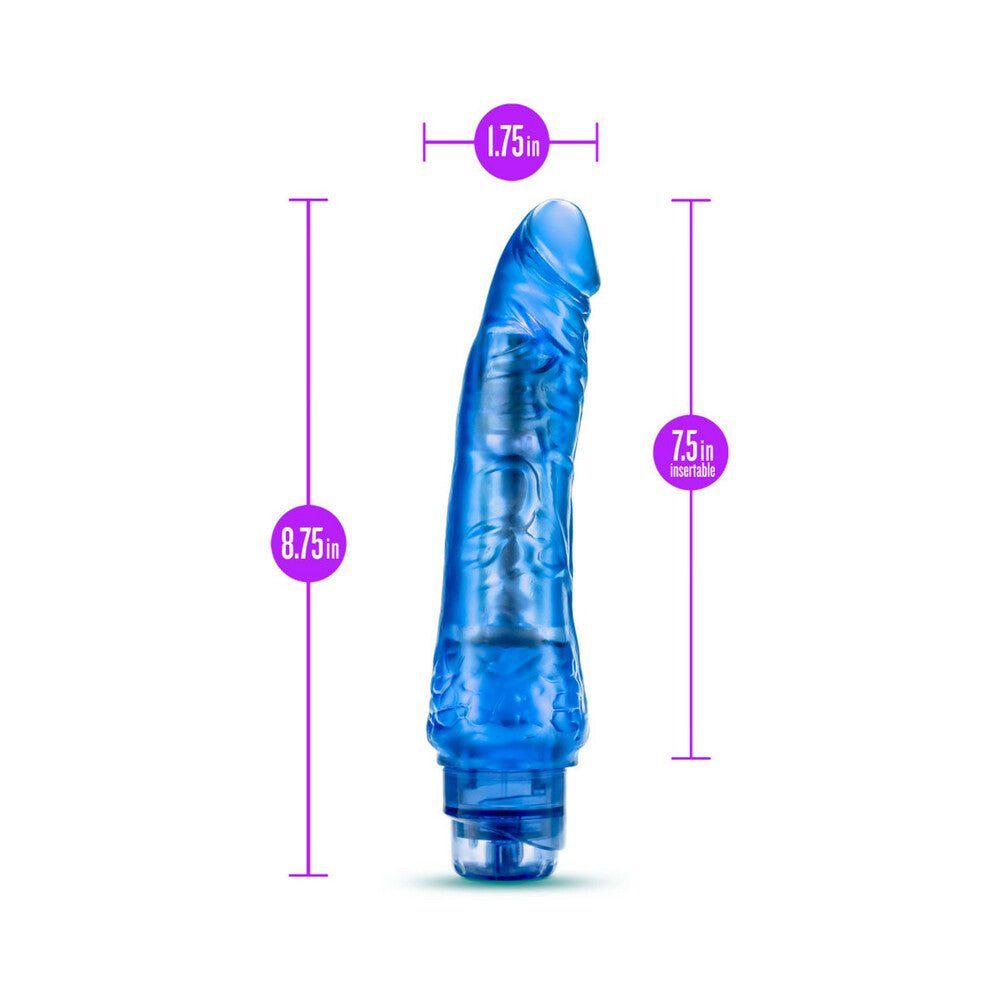 B Yours Vibe 7 Realistic 8.75 inches Vibrating Dildo Blue with dimensions, showcasing its lifelike shape and design.