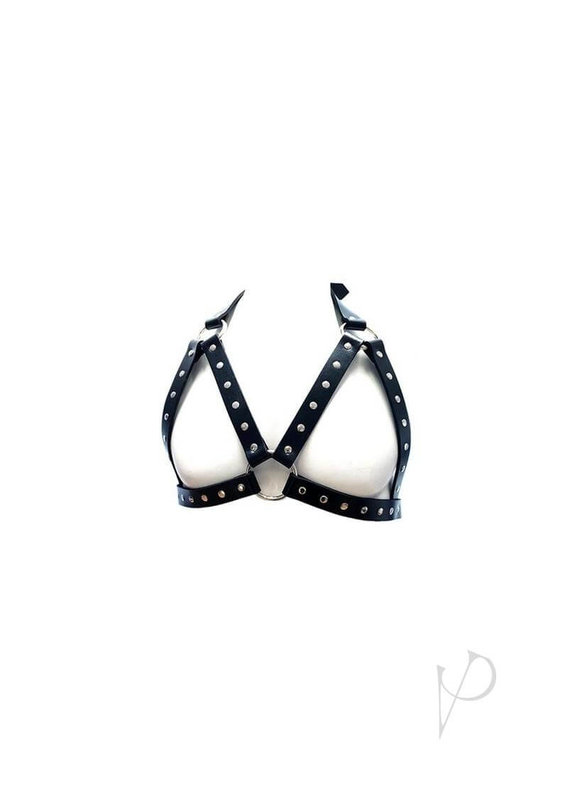 Rouge Leather Adjustable Female Chest Harness Black featuring flat riveted studs, stylish design, and adjustable straps.