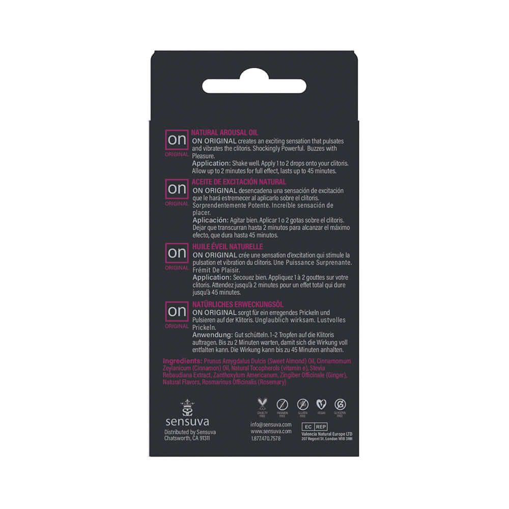 Sensuva ON Original Arousal Oil 5 ml Large Box product packaging with usage instructions and ingredient details.