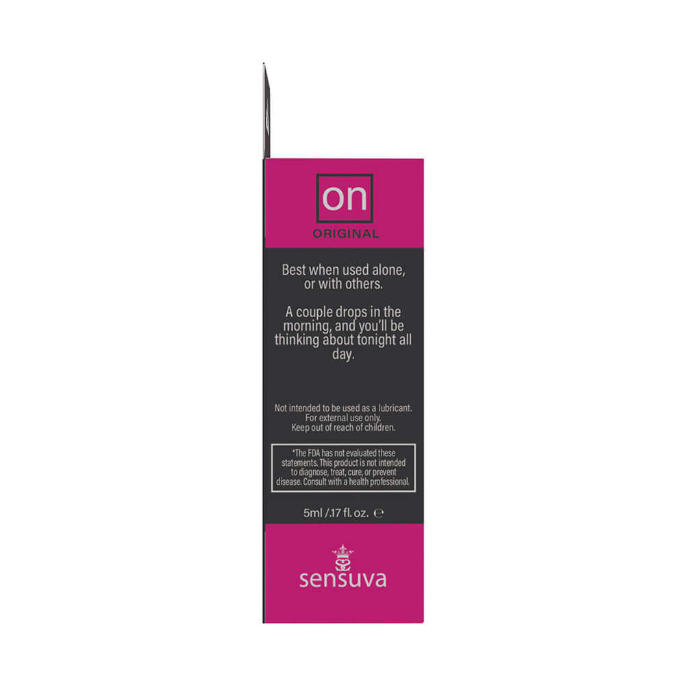 Sensuva ON Original Arousal Oil 5 ml Large Box side view with usage instructions and safety information.