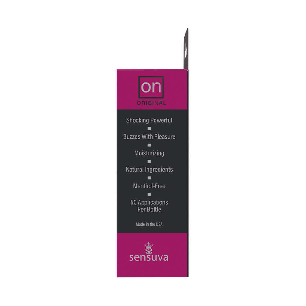 Sensuva ON Original Arousal Oil 5 ml Large Box side view packaging with key benefits listed