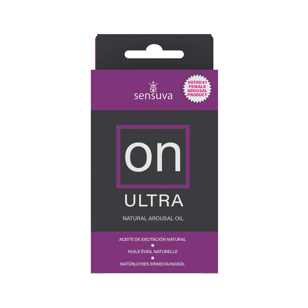 Sensuva ON Ultra Arousal Oil 5 ml packaging featuring a sleek design and bold text.