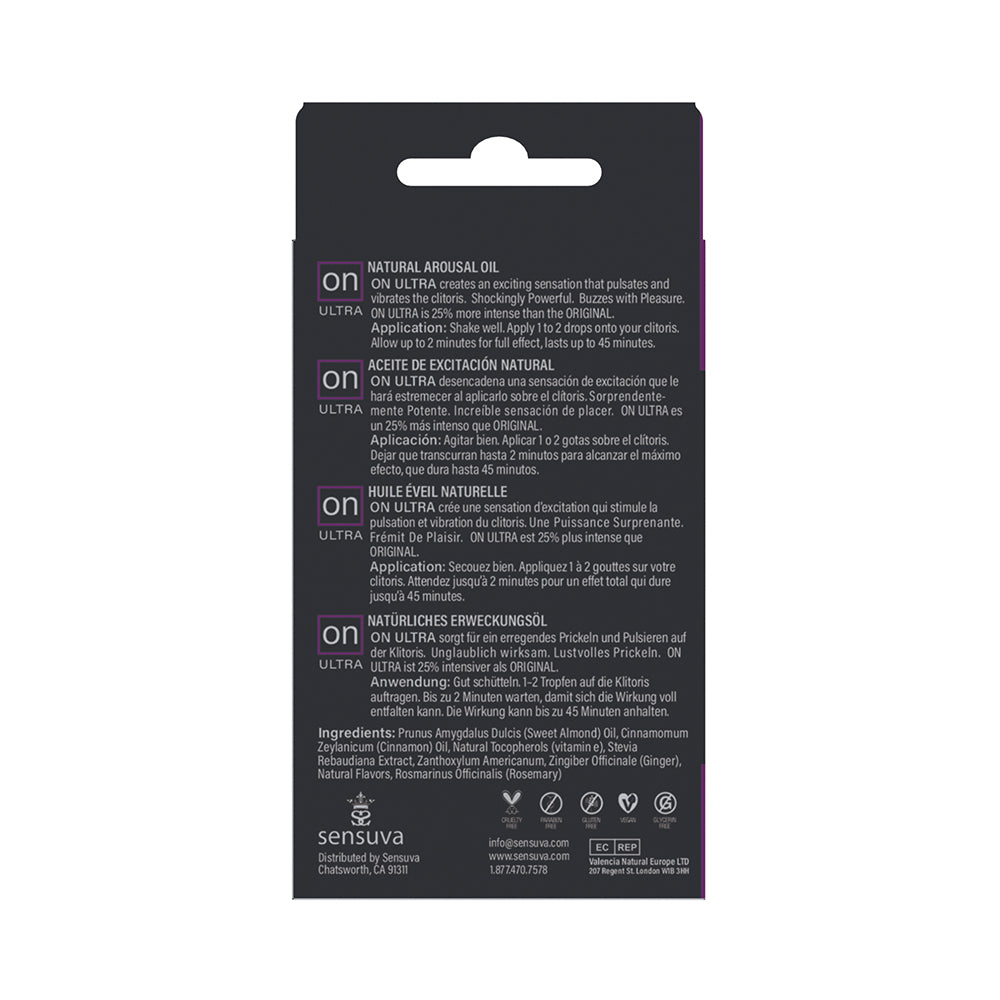 Sensuva ON Ultra Arousal Oil 5 ml product packaging details and ingredient information.