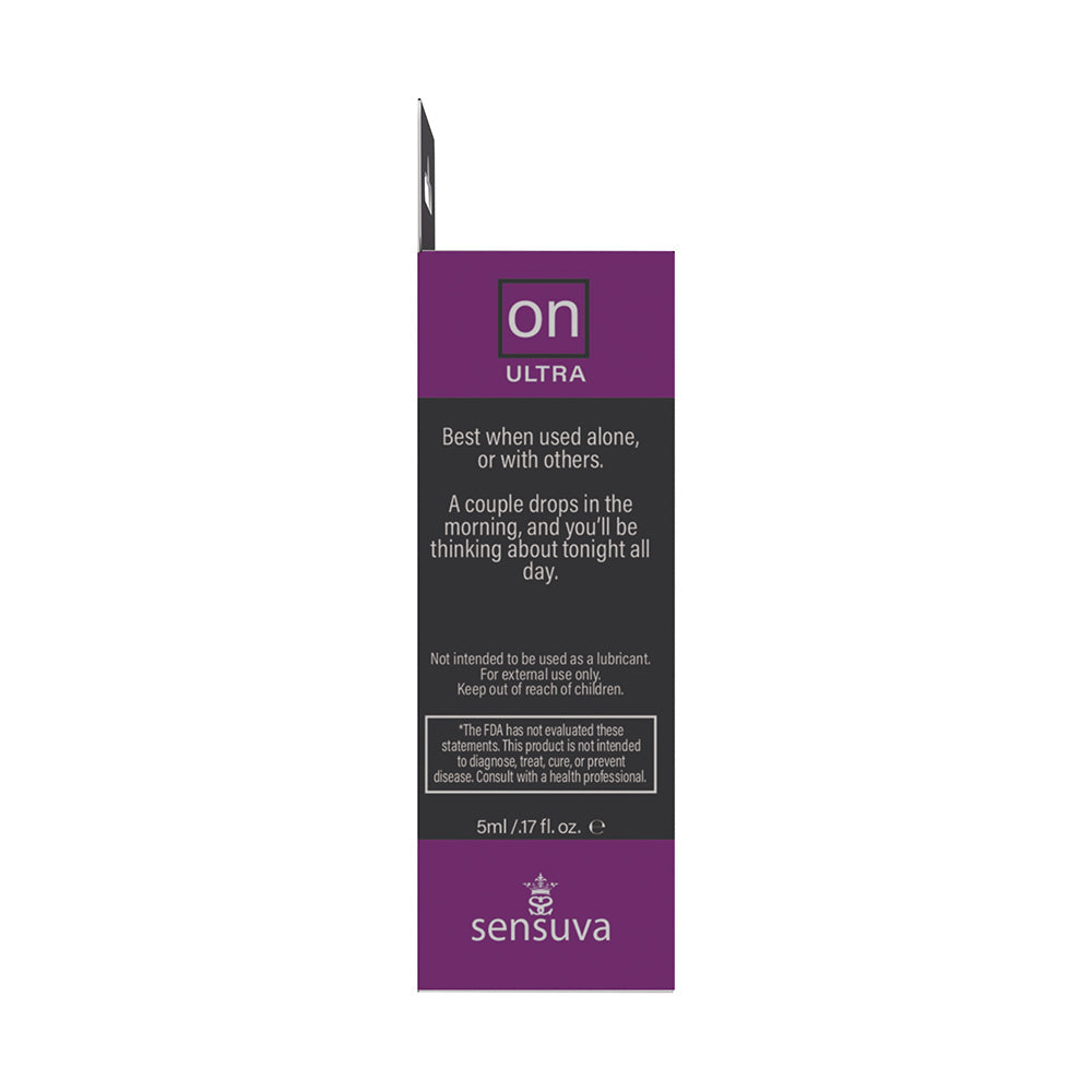 Sensuva ON Ultra Arousal Oil 5 ml packaging showing usage instructions and safety information.