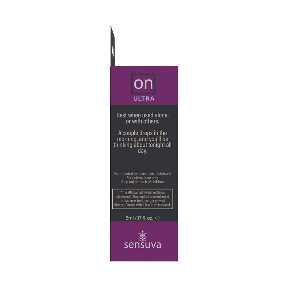 Sensuva ON Ultra Arousal Oil 5 ml packaging showing usage instructions and safety information.
