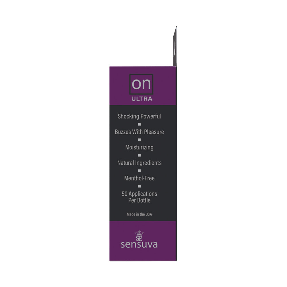 Sensuva ON Ultra Arousal Oil 5 ml packaging side view highlighting powerful features and benefits.