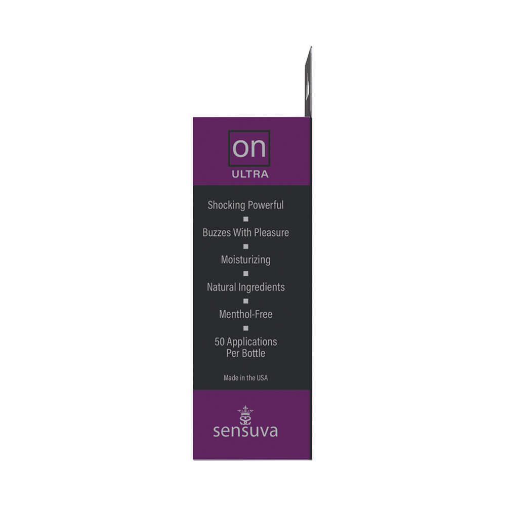 Sensuva ON Ultra Arousal Oil 5 ml packaging side view highlighting powerful features and benefits.