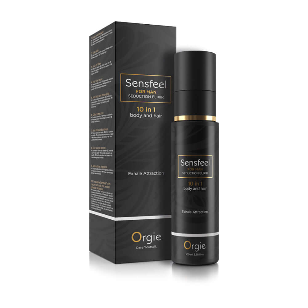 Orgie Sensfeel For Man Seduction Elixir 10-in-1 Body & Hair product with packaging and spray bottle