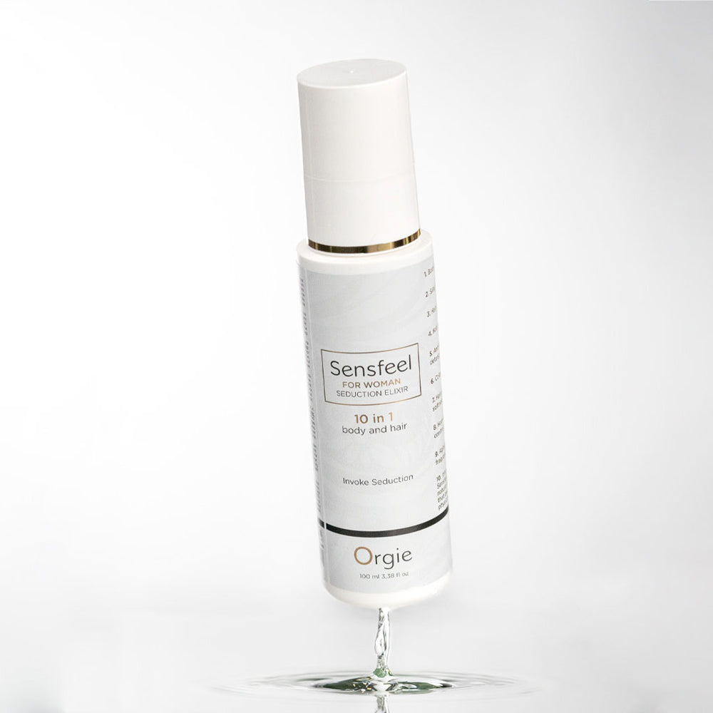 Orgie Sensfeel For Woman Seduction Elixir 10-in-1 Body & Hair bottle with a drop of product.