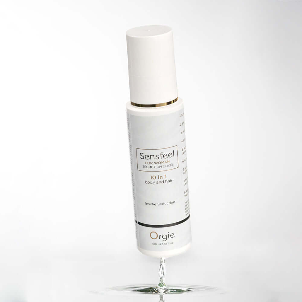 Orgie Sensfeel For Woman Seduction Elixir 10-in-1 Body & Hair bottle with a drop of product.