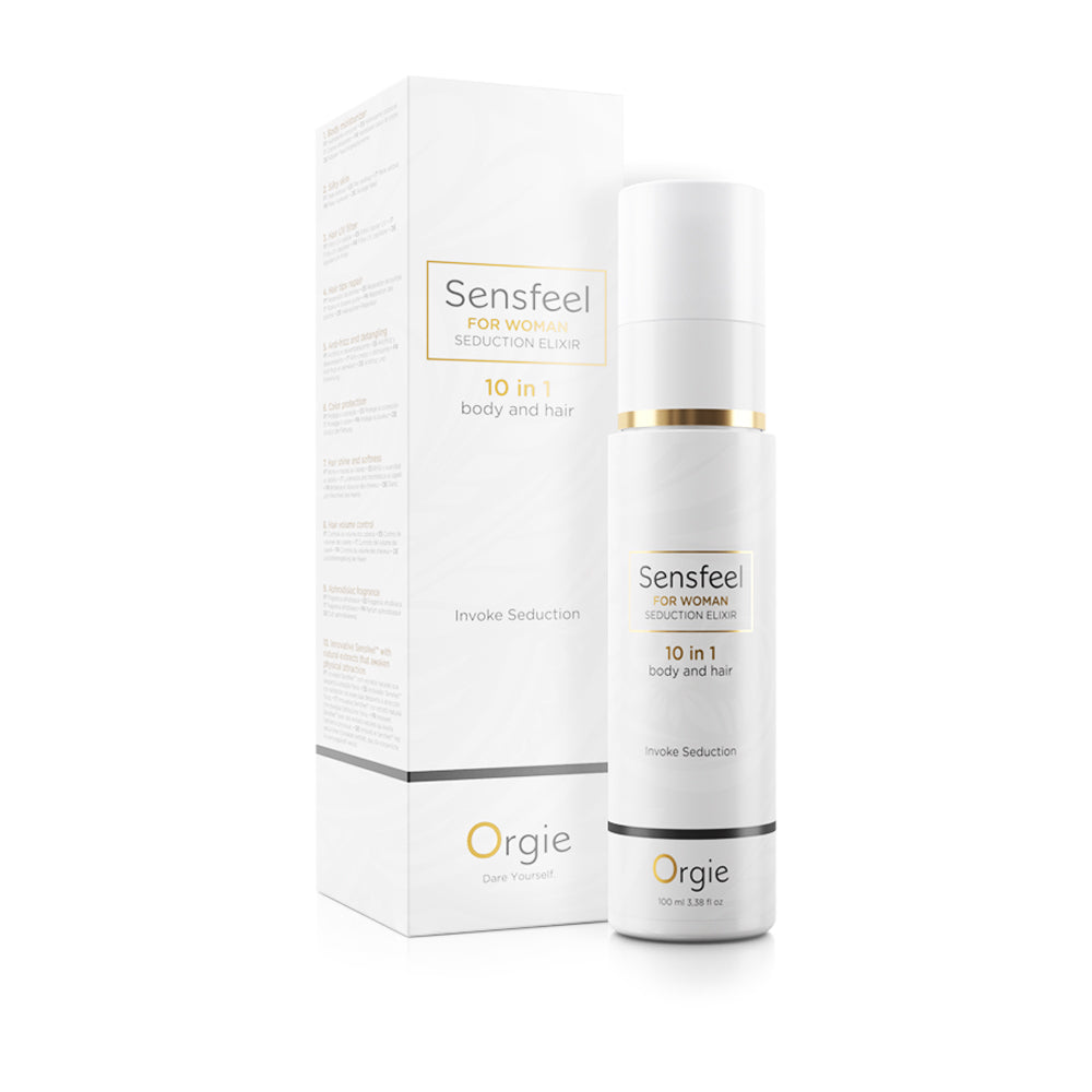 Orgie Sensfeel For Woman Seduction Elixir 10-in-1 Body & Hair luxury body and hair lotion bottle and packaging.