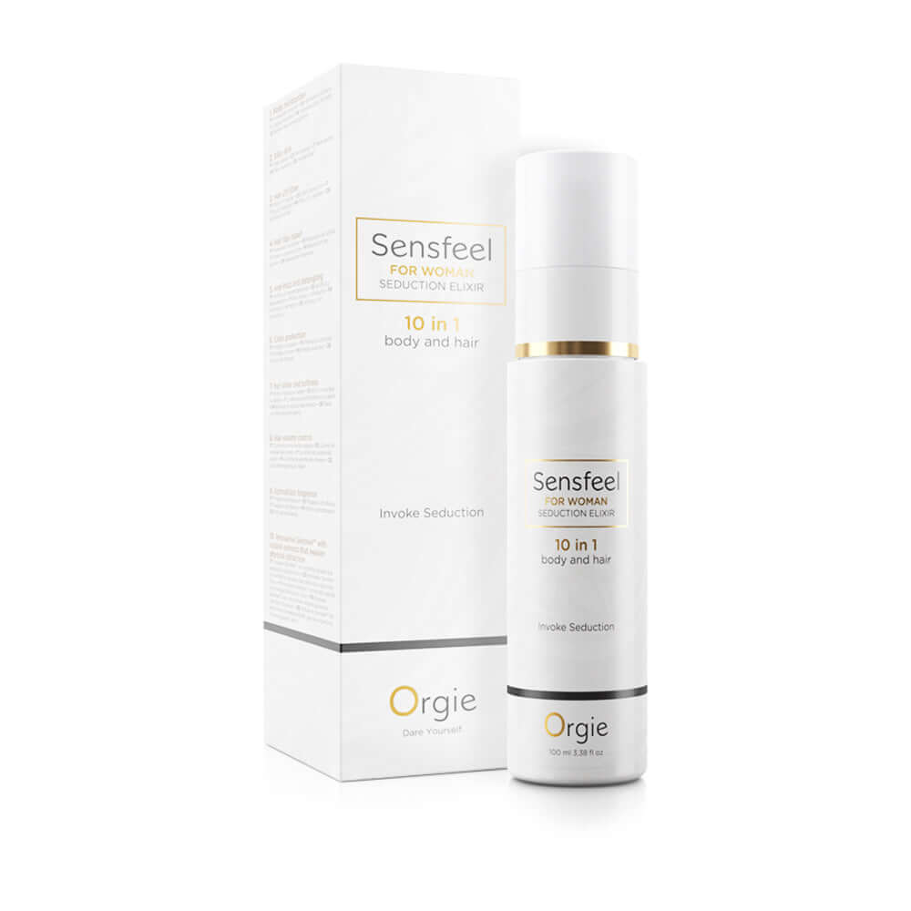Orgie Sensfeel For Woman Seduction Elixir 10-in-1 Body & Hair luxury body and hair lotion bottle and packaging.