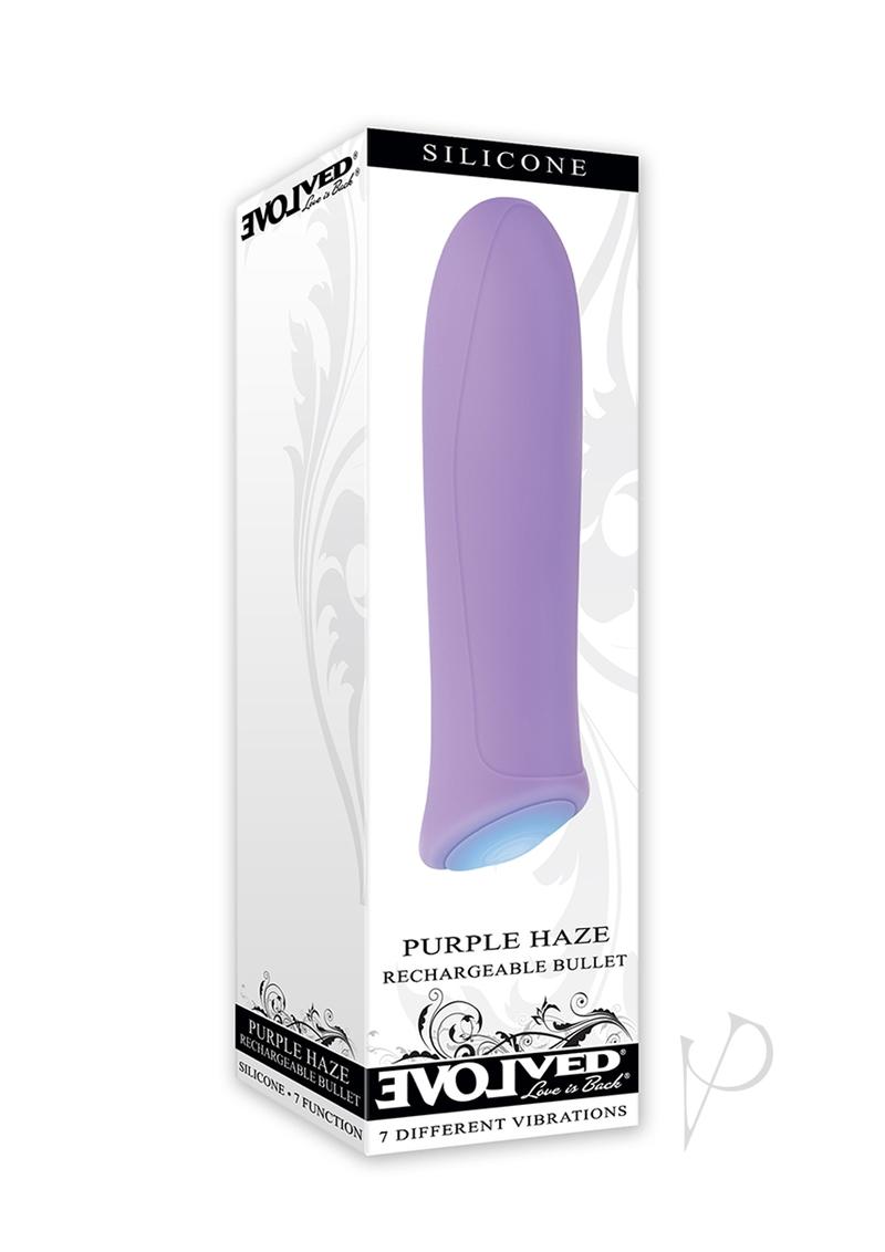 Purple Haze Rechargeable Silicone Bullet Purple in packaging, showcasing its sleek design and vibrant lilac color.