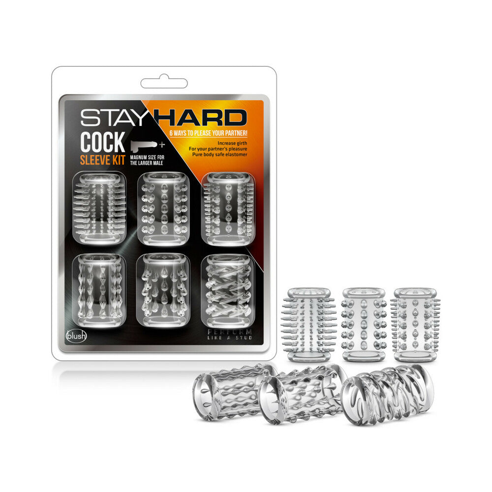 Blush Stay Hard 6-Piece Cock Sleeve Kit Clear packaging showcasing various textures and designs for enhanced pleasure.