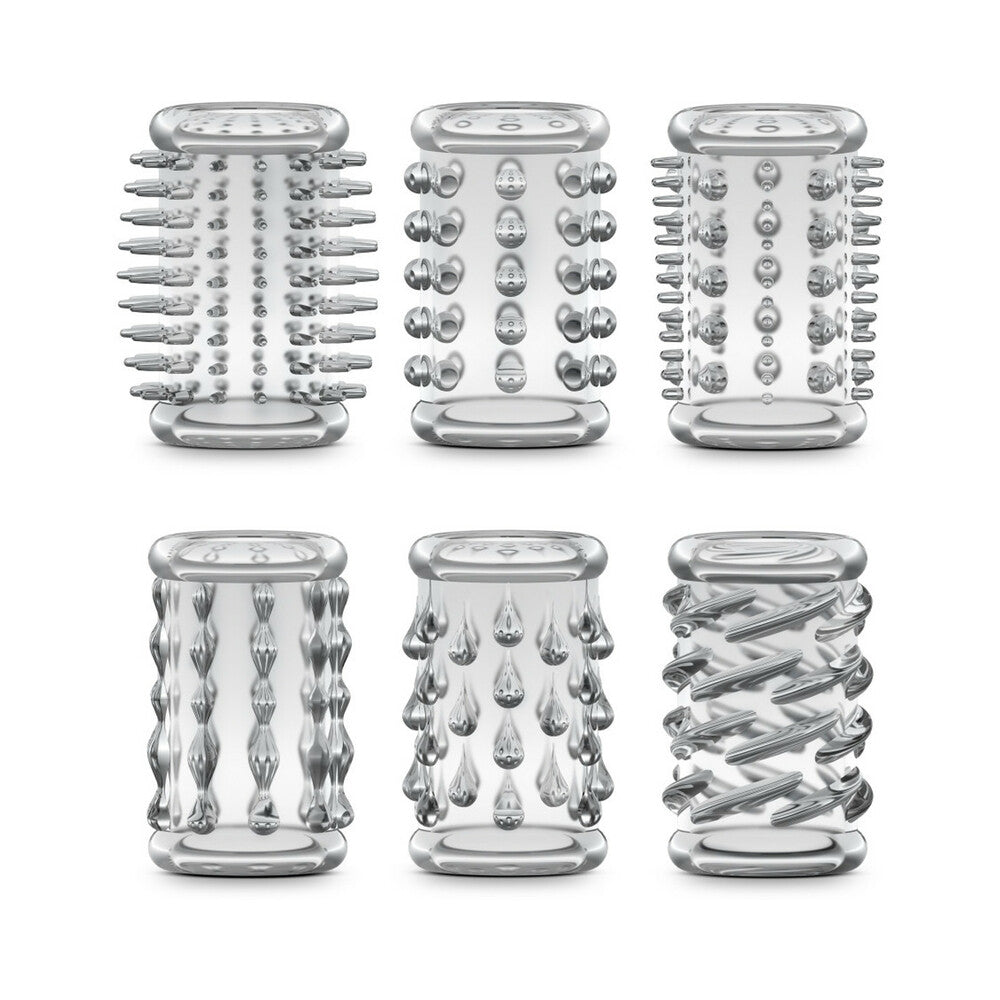 Blush Stay Hard 6-Piece Cock Sleeve Kit Clear featuring six unique textured sleeves for enhanced pleasure.