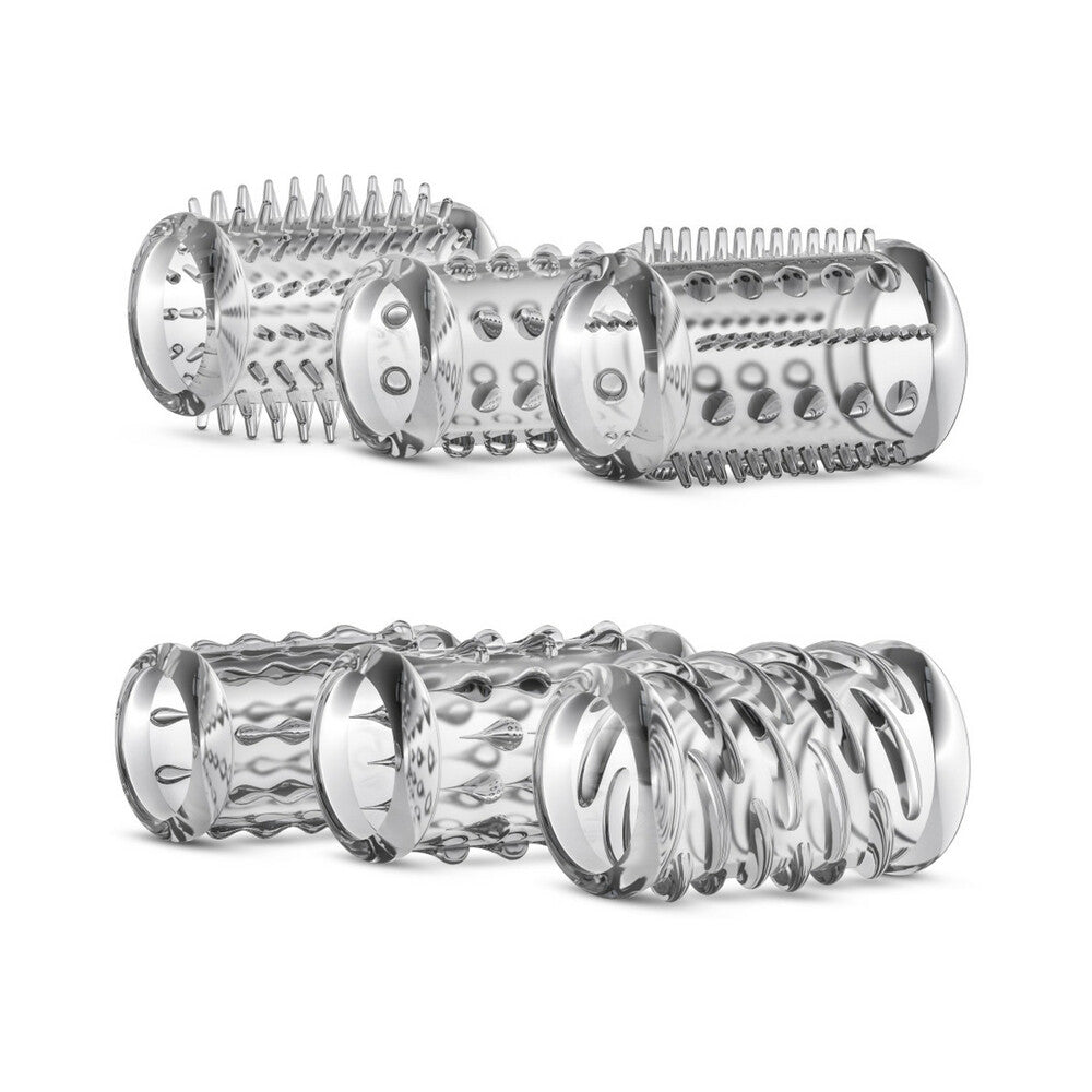 Blush Stay Hard 6-Piece Cock Sleeve Kit Clear featuring various textured sleeves for enhanced pleasure.