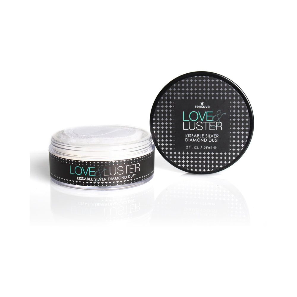 Sensuva Love and Luster Diamond Dust jar with kissable silver body shimmer inside, perfect for adding glamour to skin.