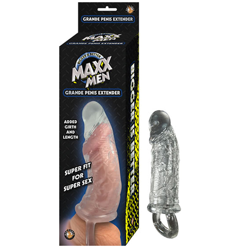 Maxx Men Grande Penis Sleeve Clear packaging with the penis sleeve displayed beside it, showcasing its features.