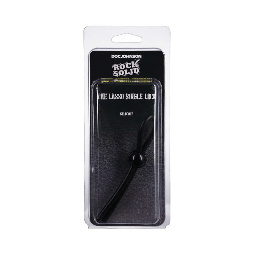 Rock Solid The Lasso Single Lock Adjustable Silicone Cock Tie Black in packaging, showcasing its sleek black design.