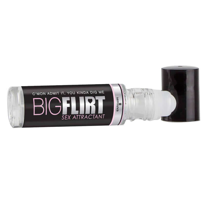 Sensuva Big Flirt Pheromone Sex Attractant 0.34 Oz bottle with a black cap, designed to enhance allure and confidence.