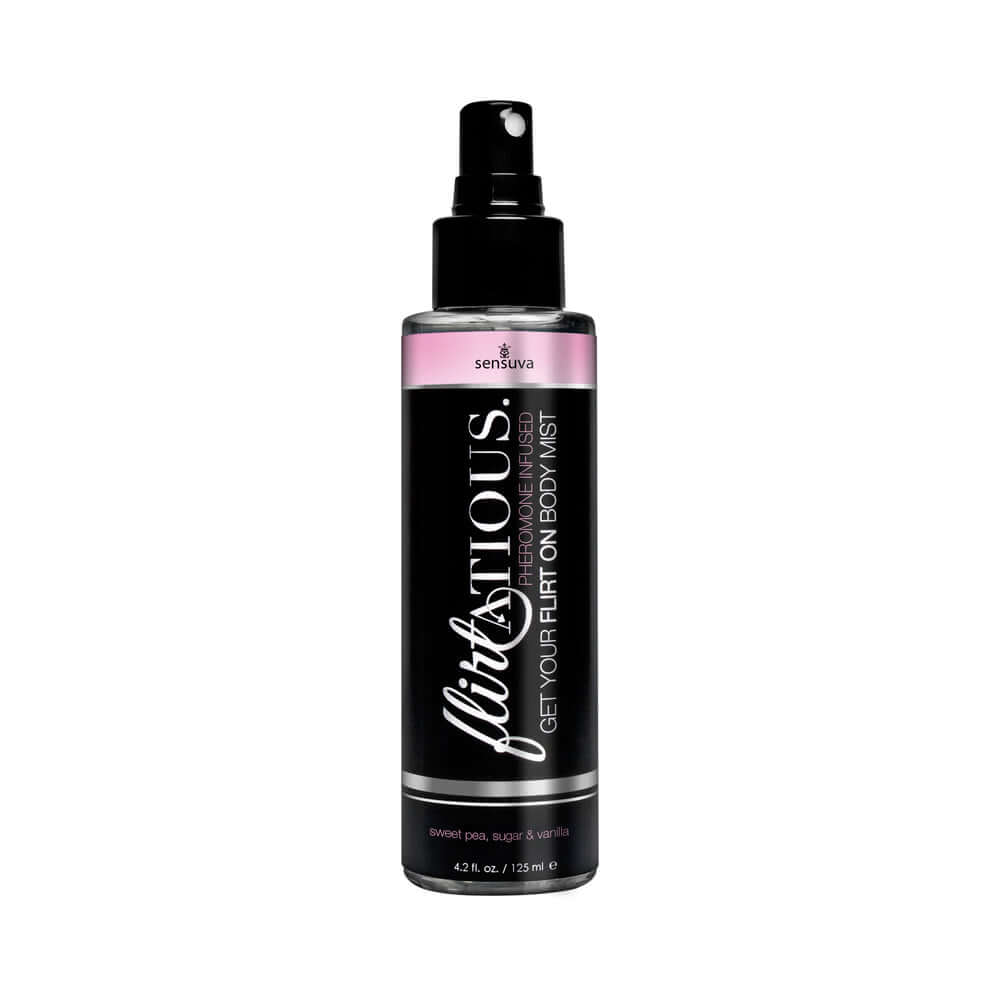 Sensuva Flirtatious Pheromone-Infused Body Mist Sweetpea 4.2 Oz spray bottle with sleek design.