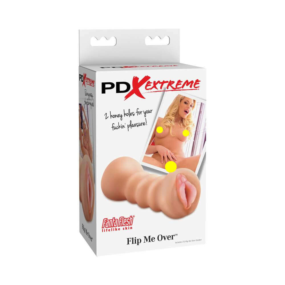 PDX Flip Me Over Dual-Ended Stroker Beige packaging showcasing its unique design and features for enhanced pleasure.