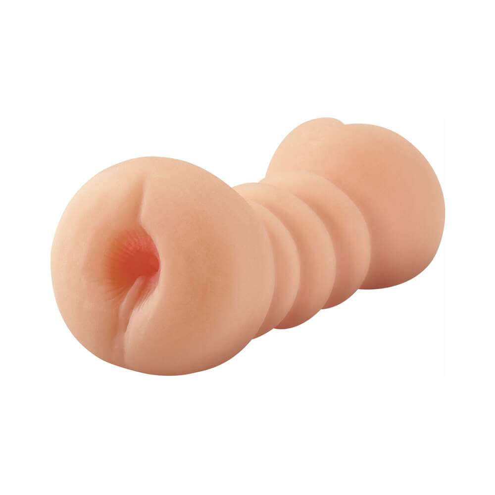 PDX Flip Me Over Dual-Ended Stroker Beige showing its dual-ended design and unique textures.