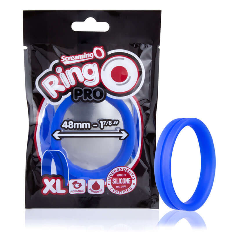 Screaming O RingO Pro XL Blue in packaging showing the stretchy silicone design for enhanced performance.