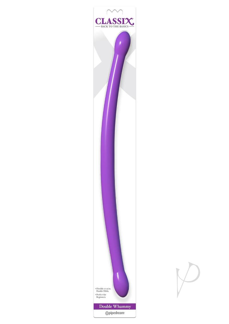 Classix Double Whammy Double Dildo 17.25 inch Purple in packaging, highlighting its flexible and smooth design.