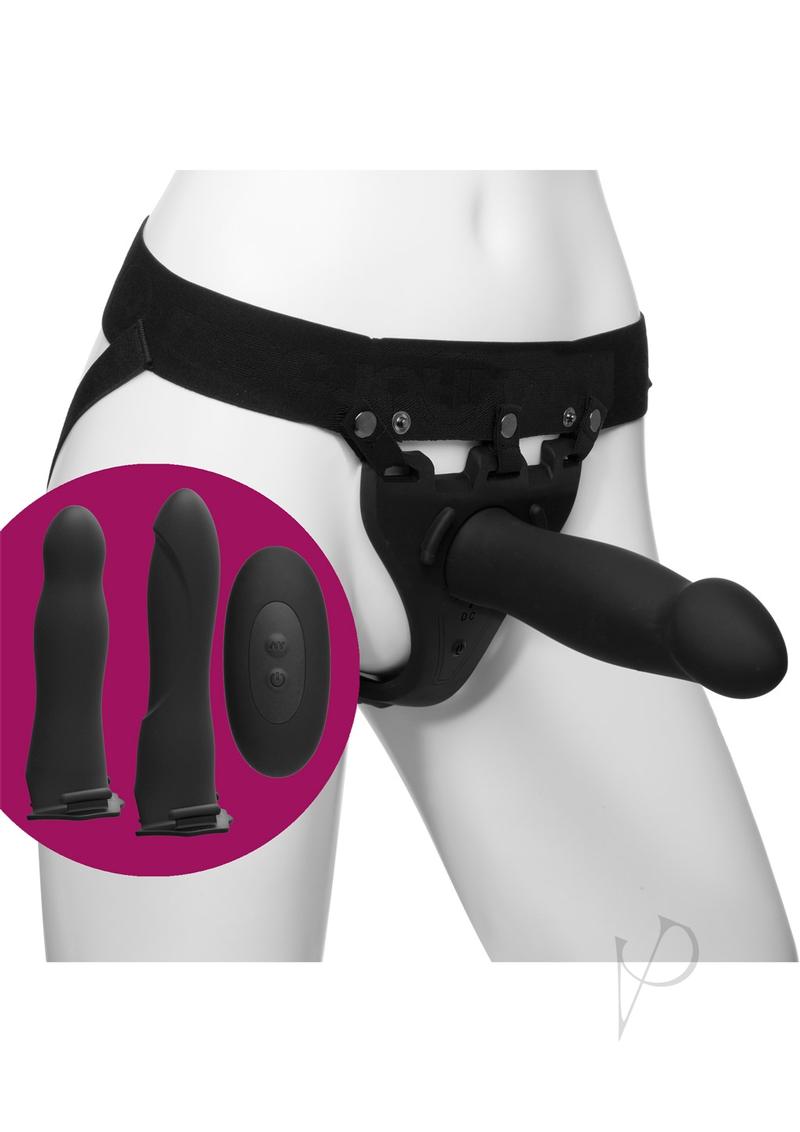 Body Extensions Be Naughty Silicone Strap-On Harness Black with adjustable harness and two silicone attachments.