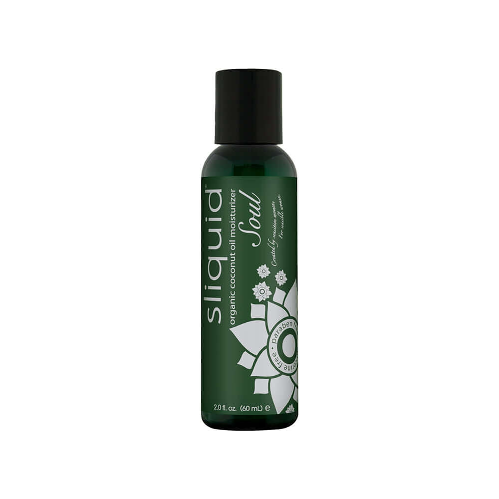 Sliquid Soul Organic Coconut Oil Moisturizer 2 Oz bottle with floral design and rich green packaging.
