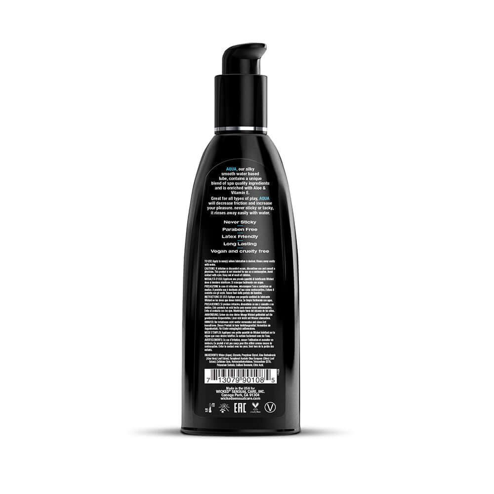 Wicked Aqua Water Based Lubricant 8.5 Oz bottle back view showing ingredients and features.